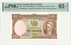 10 шиллингов 1960-1967 года Новая Зеландия — в слабе PMG (Gem UNC 65) — Фото №1