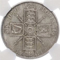 1 флорин 1911 года Великобритания (Король Георг V) — в слабе NGC (PF65) — Фото №1