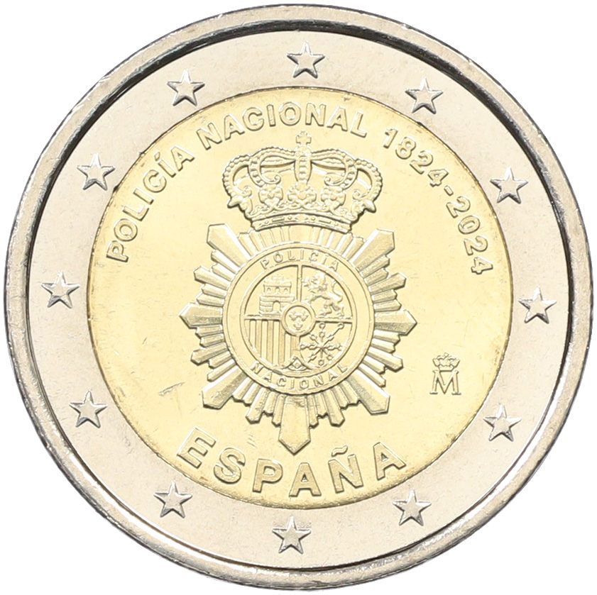 2 евро 2024 года Испания «200 лет Национальной полиции Испании» — Фото №1