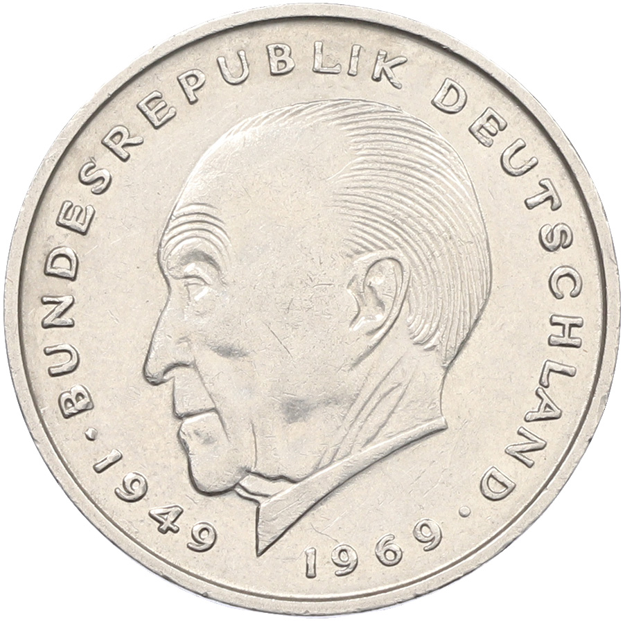 2 марки 1972 года G Западная Германия (ФРГ) «Конрад Аденауэр» — Фото №1