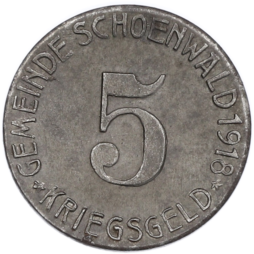 5 пфеннигов 1918 года Германия — община Шёнвальд (Нотгельд) — Фото №2