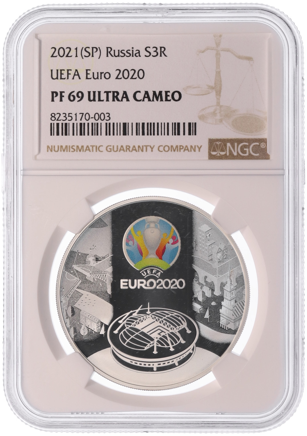 3 рубля 2021 года СПМД «Чемпионат Европы по футболу УЕФА 2020» в слабе NGC (PF69 ULTRA CAMEO) — Фото №3