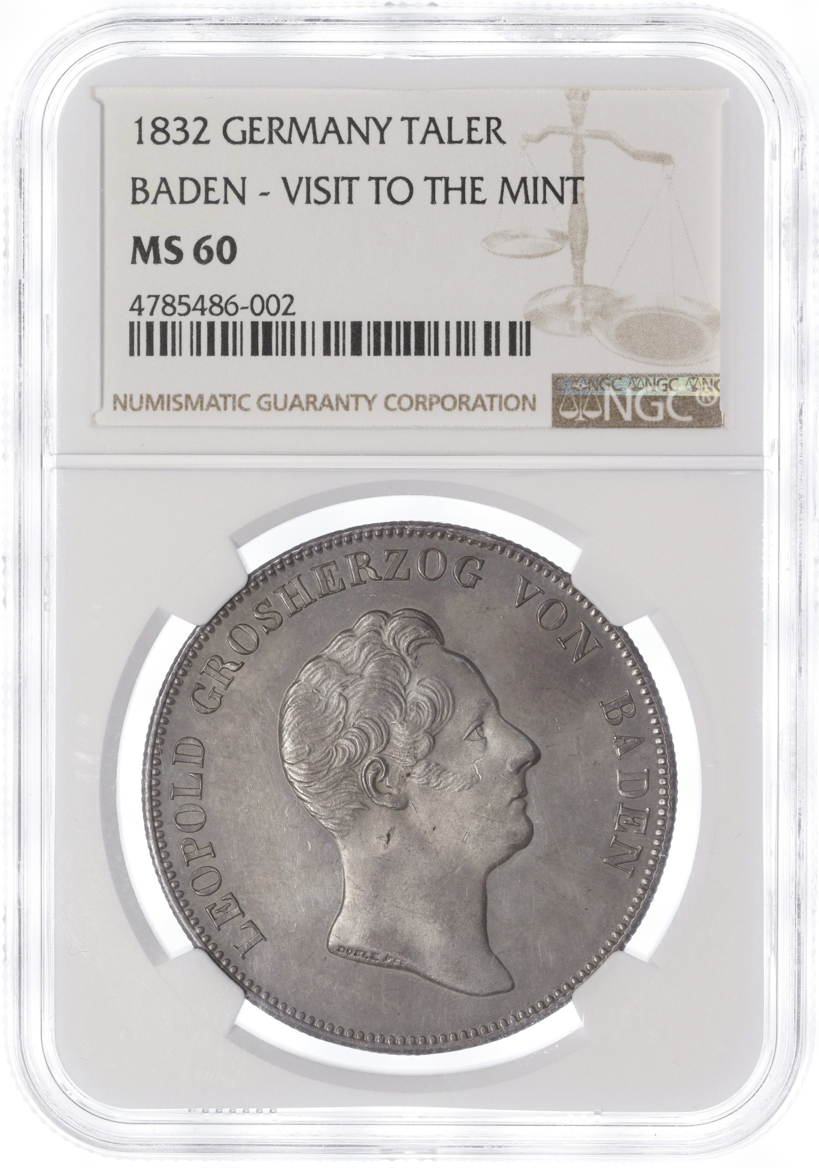 1 талер 1832 года Баден «Посещение монетного двора» — в слабе NGC (MS60) — Фото №3