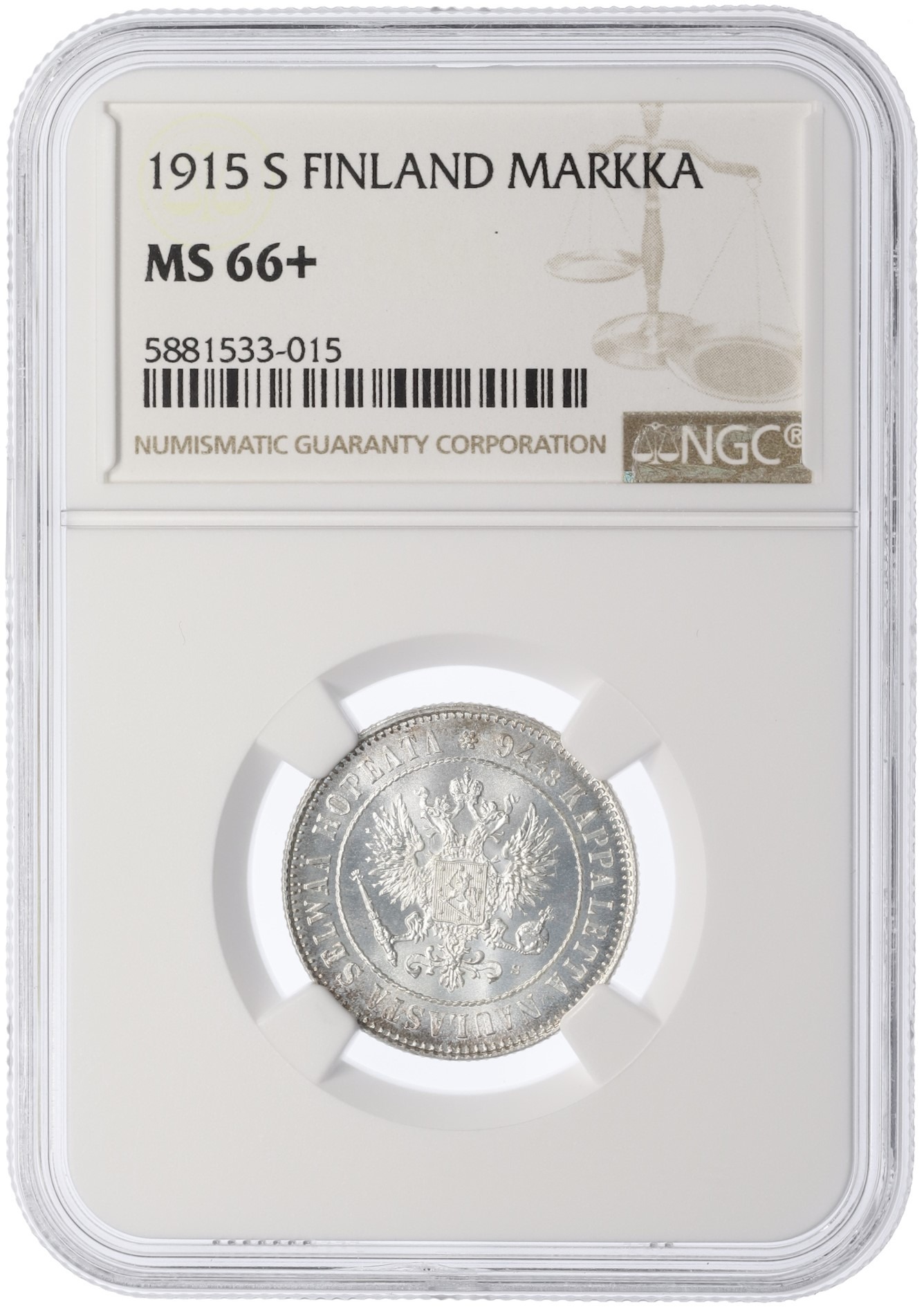 1 марка 1915 года Русская Финляндия — в слабе NGC (MS66+) — Фото №3