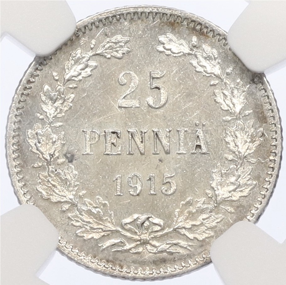 25 пенни 1915 года Русская Финляндия — в слабе NGC (MS64) — Фото №1