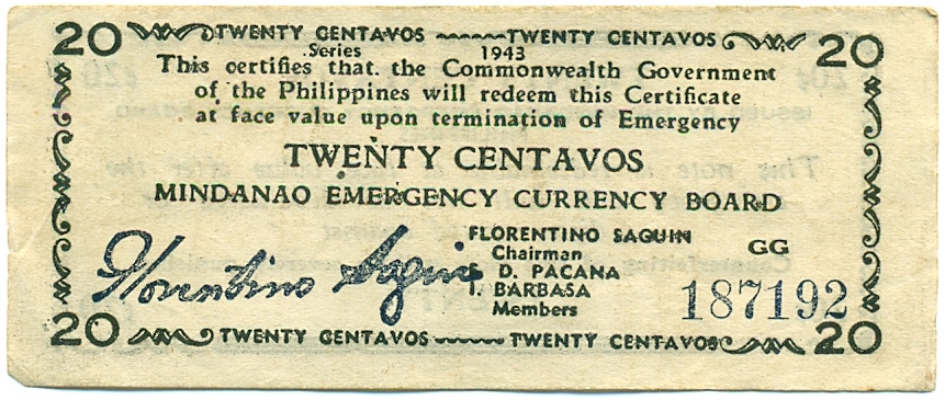 20 сентаво 1943 года Филиппины — провинция Минданао — Фото №1