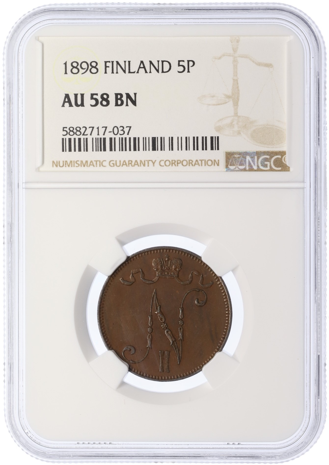 5 пенни 1898 года Русская Финляндия — в слабе NGC (AU58BN) — Фото №3