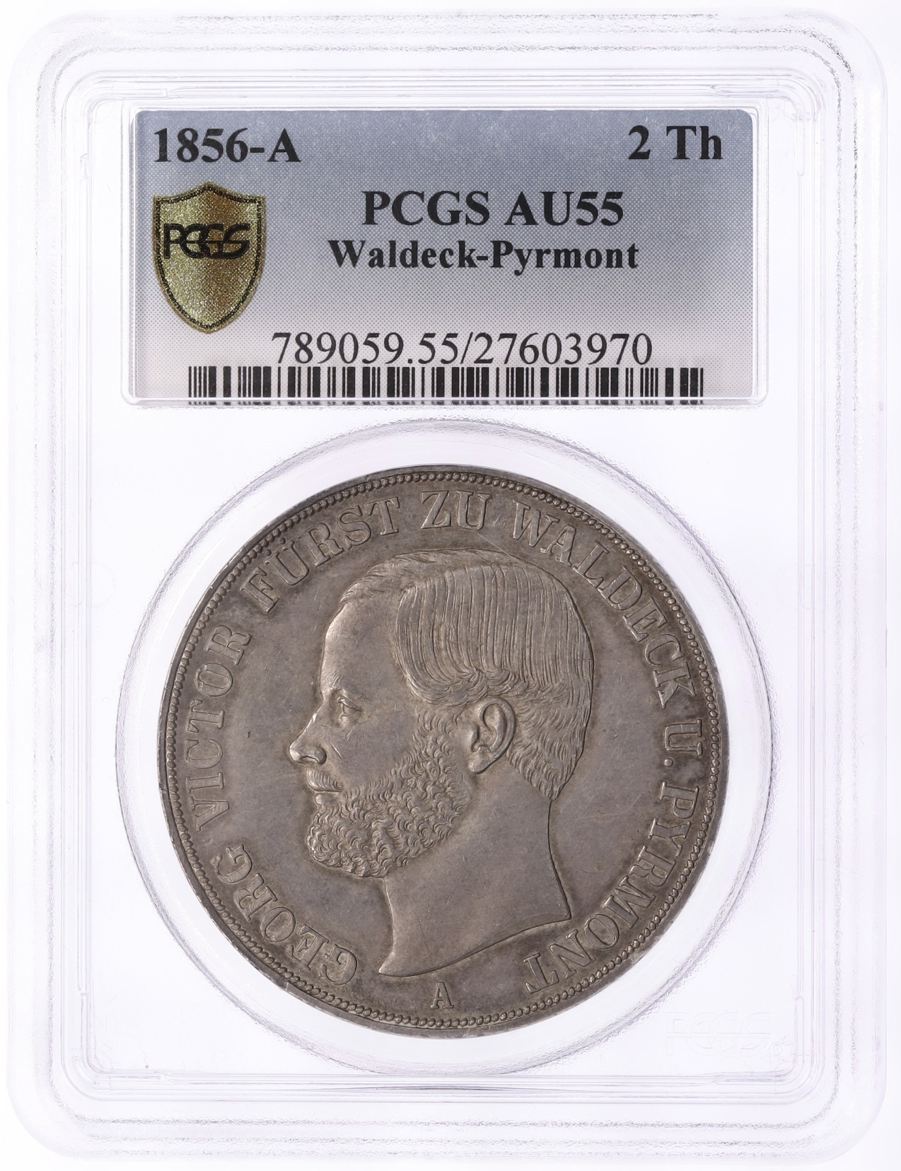 2 талера 1856 года Вальдек-Пирмонт (Георг Виктор) в слабе PCGS (AU55) — Фото №3