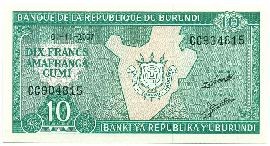 10 франков 2007 года Бурунди — Фото №1