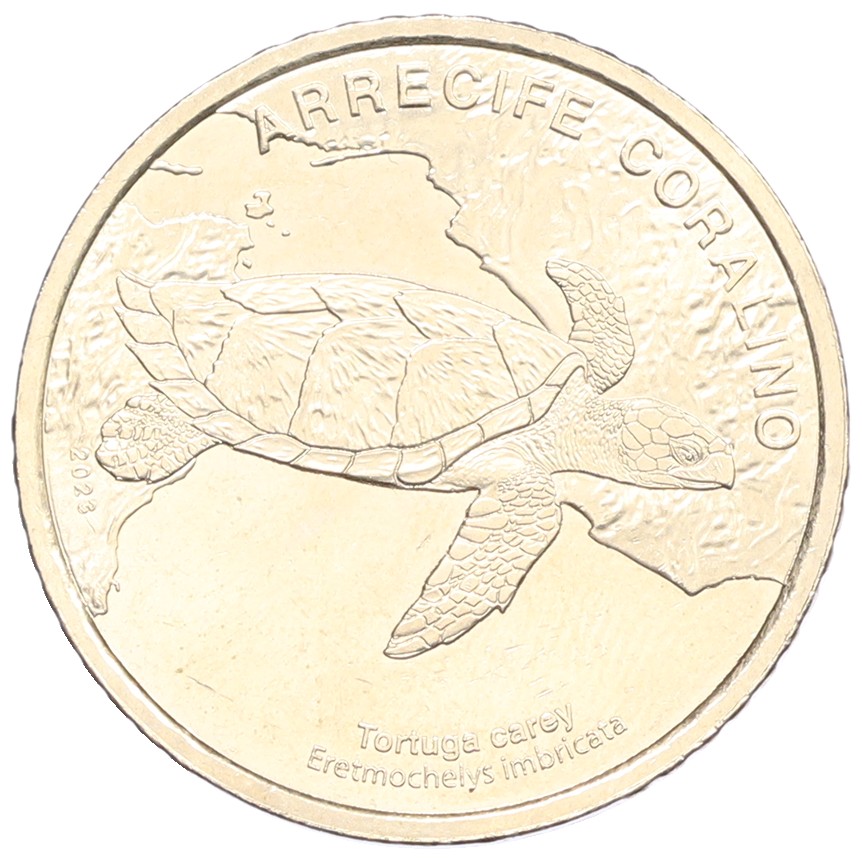 50 колонов 2023 года Коста-Рика «Фауна экосистемы — Коралловый риф (Морская черепаха Хоксбилл)» — Фото №1
