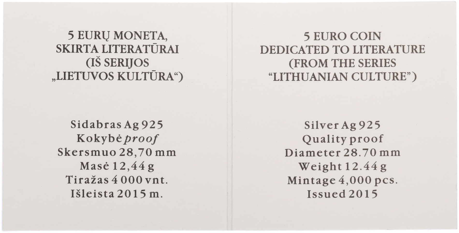 5 евро 2015 года Литва «Культура Литвы — Литература» — Фото №3