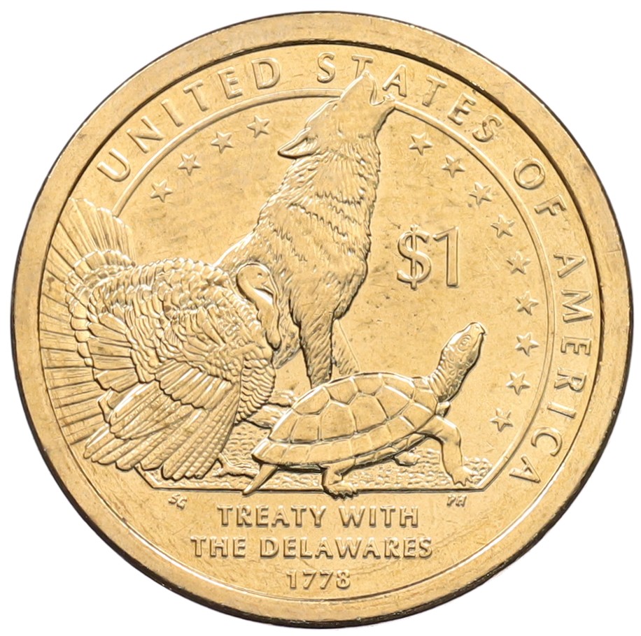 1 доллар 2013 года (D) США «Коренные американцы (Сакагавея) — Договор с Делаварами» — Фото №1