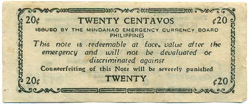 20 сентаво 1943 года Филиппины — провинция Минданао — Фото №2