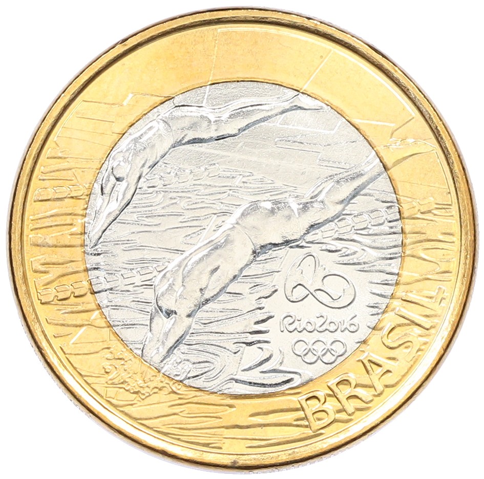 1 реал 2014 года Бразилия «XXXI летние Олимпийские Игры в Рио-де-Жанейро 2016 — Плавание» — Фото №1