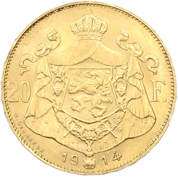 20 франков 1914 года Бельгия — легенда на фламандском (DER BELGEN) — Фото №2