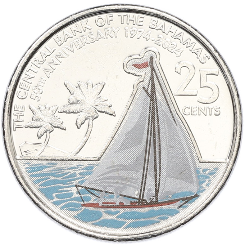 25 центов 2024 года Багамские острова «50 лет Центральному банку Багамских Островов» — Фото №1