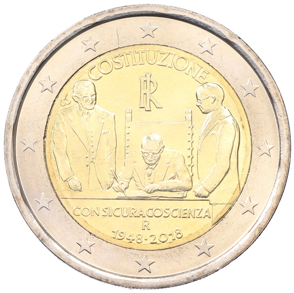 2 евро 2018 года Италия «70 лет Конституции Итальянской республики» — Фото №1
