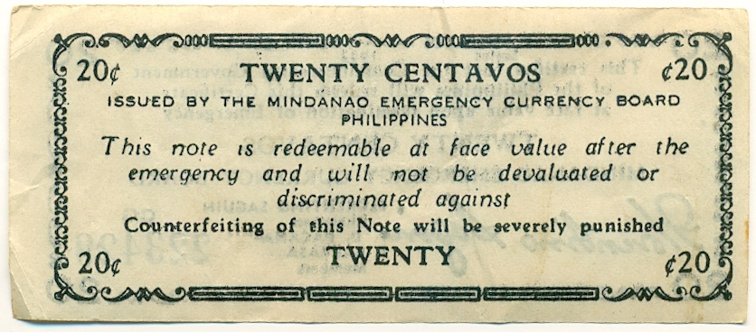 20 сентаво 1943 года Филиппины — провинция Минданао — Фото №2