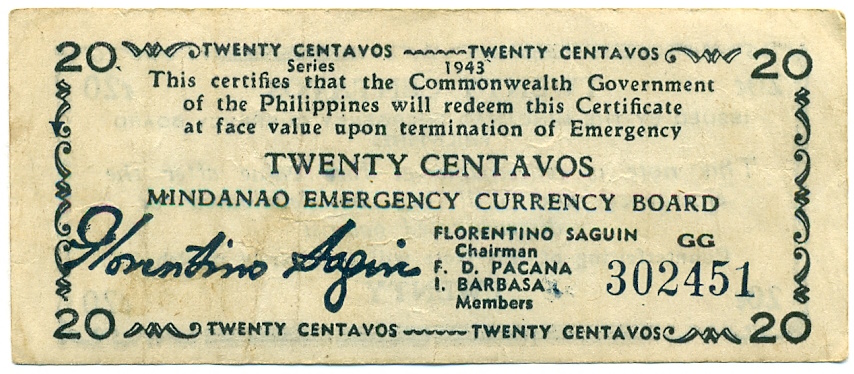 20 сентаво 1943 года Филиппины — провинция Минданао — Фото №1