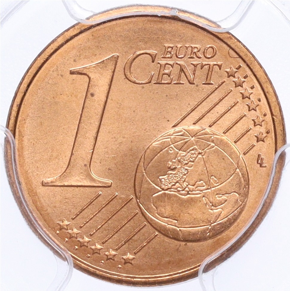 1 евроцент 1999-2024 года Брак (аверс-аверс) — в слабе PCGS (MS66RD) — Фото №2