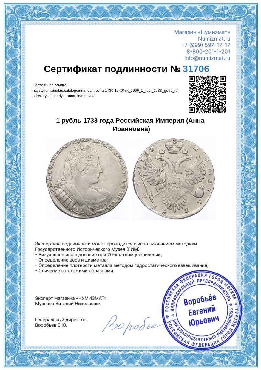1 рубль 1733 года Российская Империя (Анна Иоанновна) — Фото №3