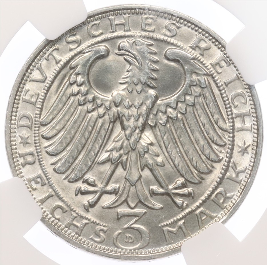 3 рейхсмарки 1928 года D Германия «400 лет со дня смерти Альбрехта Дюрера» в слабе NGC (UNC Details) — Фото №2