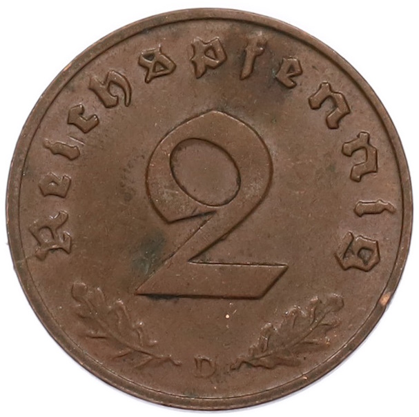 2 рейхспфеннига 1938 года D Германия — Фото №2