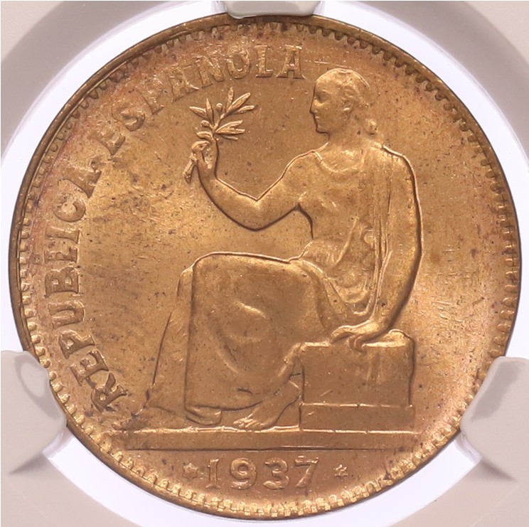 50 сентимо 1937 года Испания — в слабе CPRC (MS64RB) — Фото №1