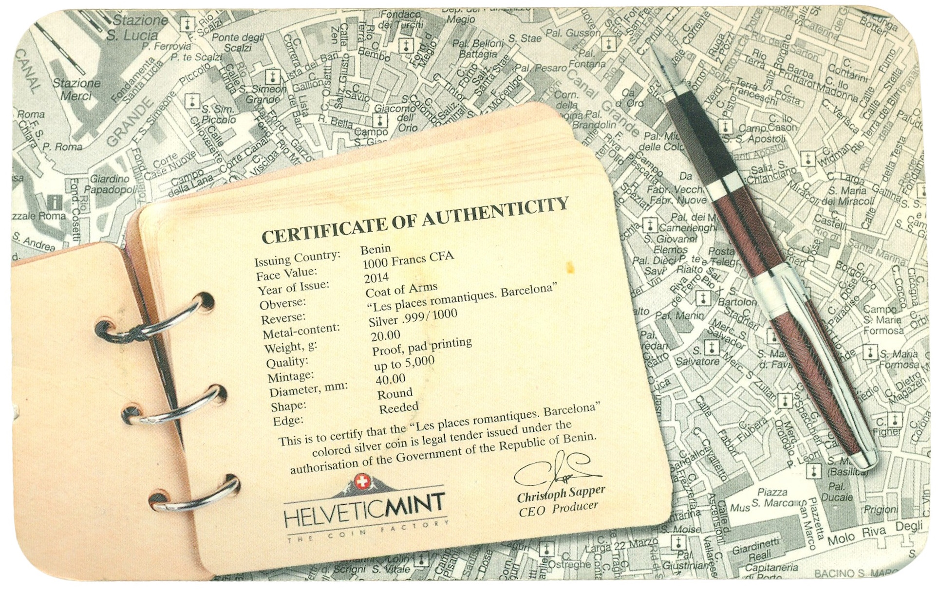 1000 франков 2014 года Бенин «Романтические места — Барселона» (в блистере) — Фото №4