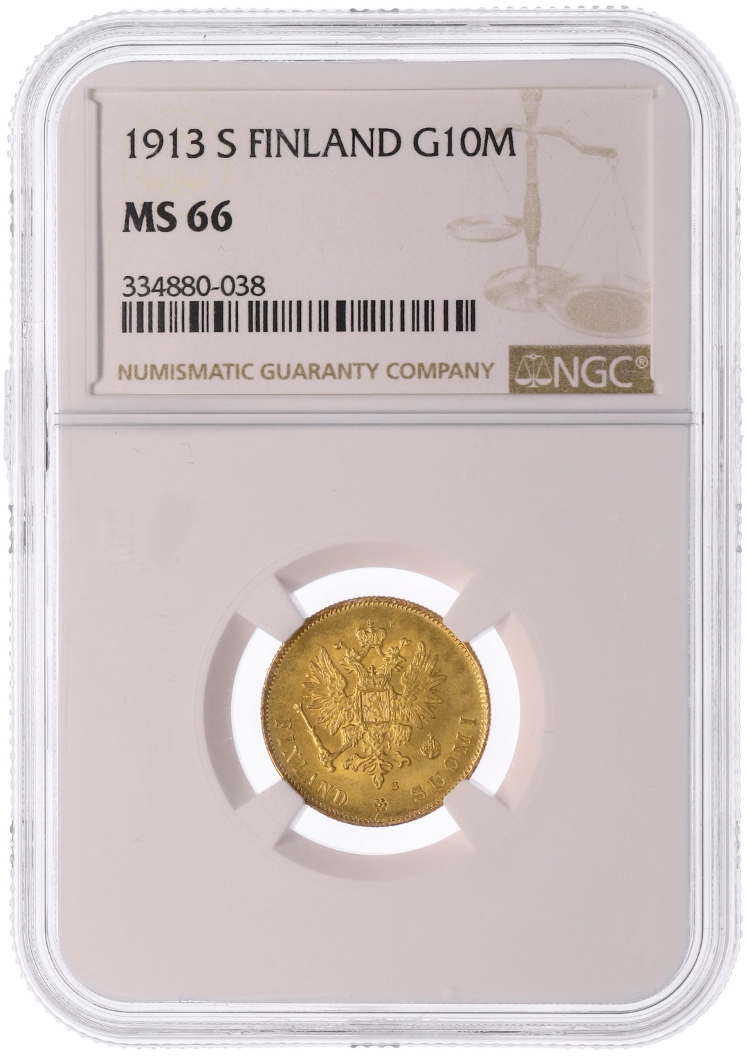 10 марок 1913 года Русская Финляндия — в слабе NGC (MS66) — Фото №3