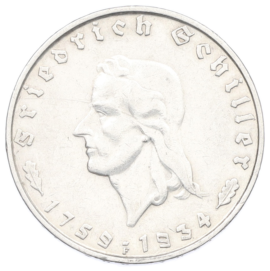 2 рейхсмарки 1934 года F Германия «175 лет со дня рождения Фридриха Шиллера» — Фото №1