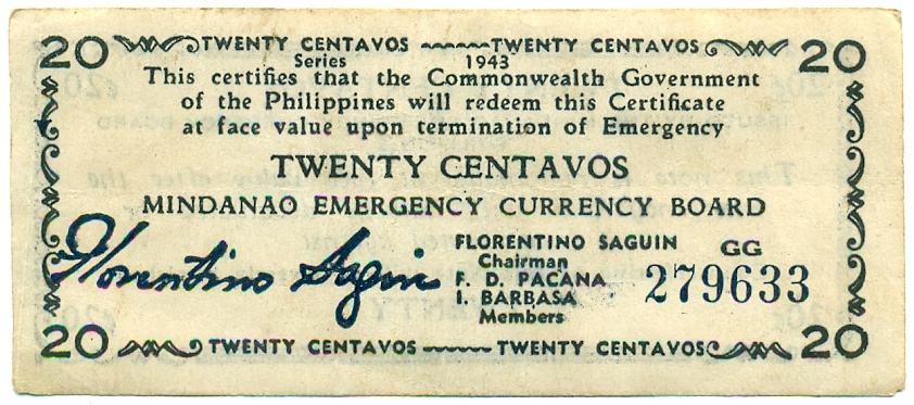 20 сентаво 1943 года Филиппины — провинция Минданао — Фото №1