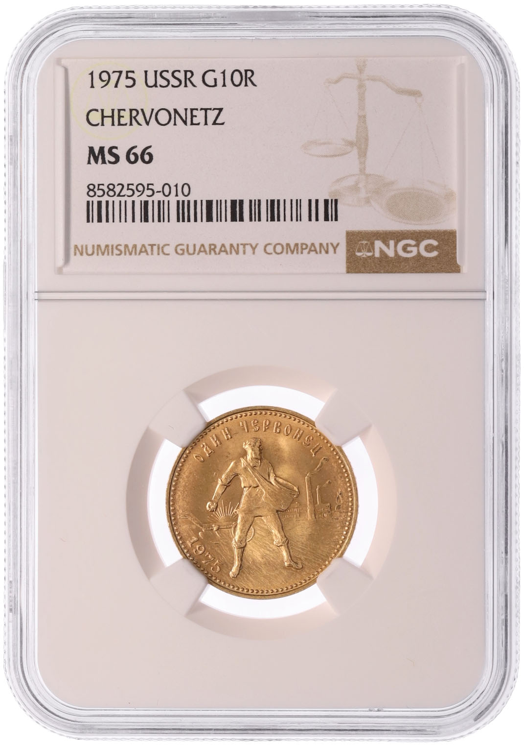 Один червонец 1975 года «Сеятель» в слабе NGC (MS66) — Фото №3