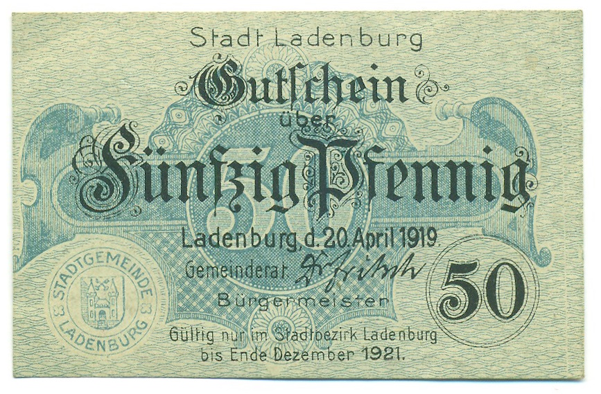 50 пфеннигов 1919 года Германия — город Ладенбург (Нотгельд) — Фото №1