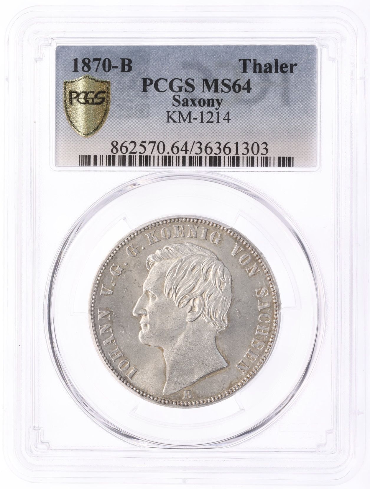 1 союзный талер 1870 года Саксония (Король Иоганн) в слабе PCGS (MS64) — Фото №3