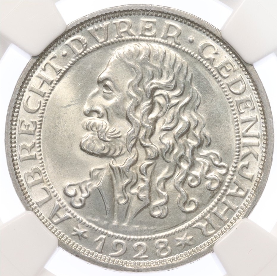 3 рейхсмарки 1928 года D Германия «400 лет со дня смерти Альбрехта Дюрера» в слабе NGC (UNC Details) — Фото №1