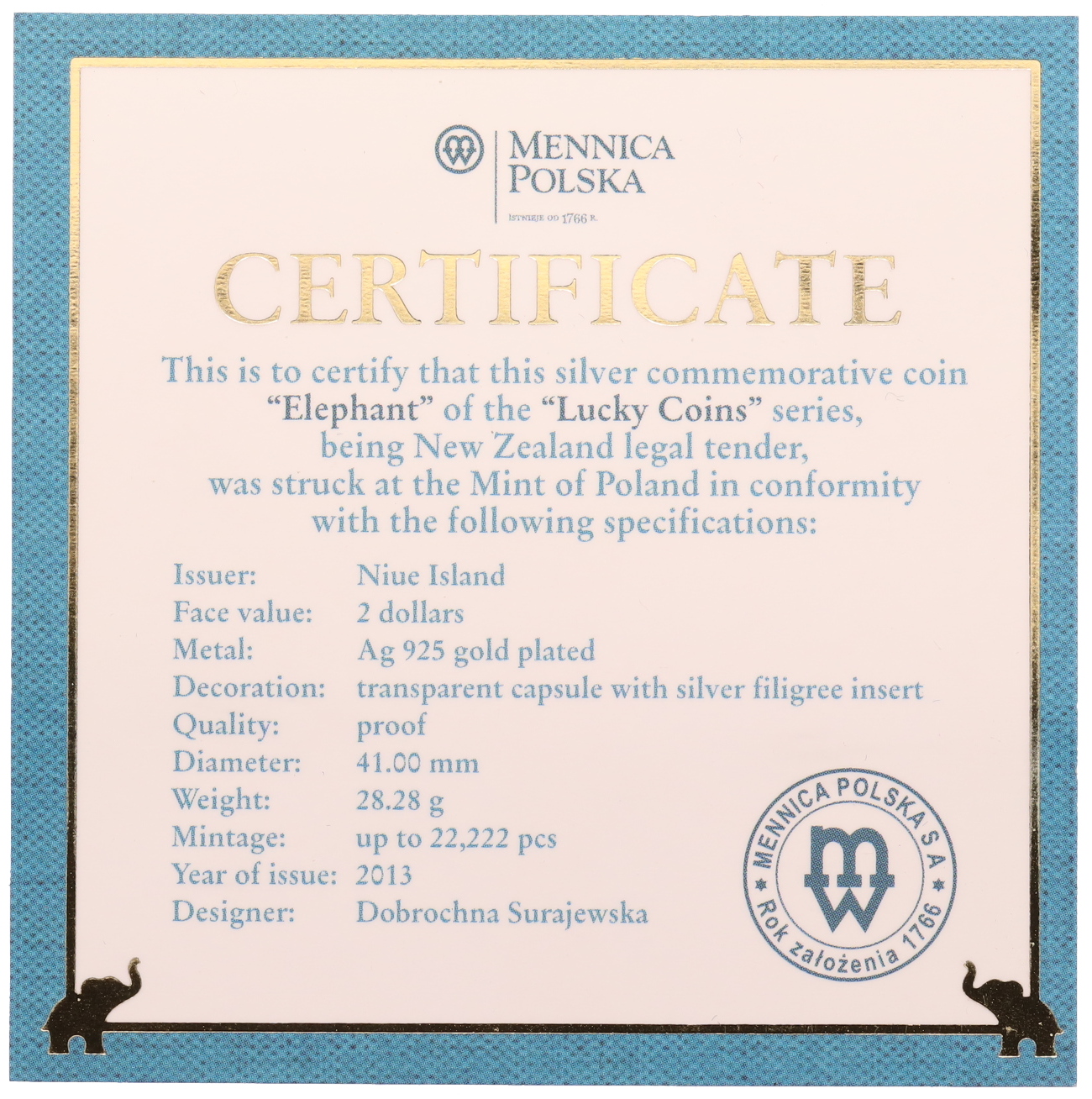 2 доллара 2013 года Ниуэ «Монета на удачу — Слоник» — Фото №3