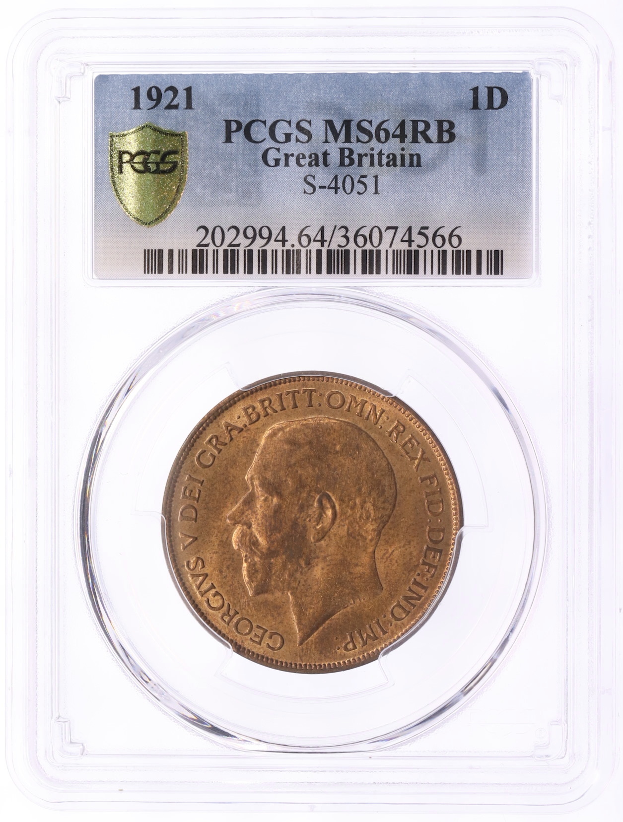 1 пенни 1921 года Великобритания (Король Георг V) в слабе PCGS (MS64RB) — Фото №3
