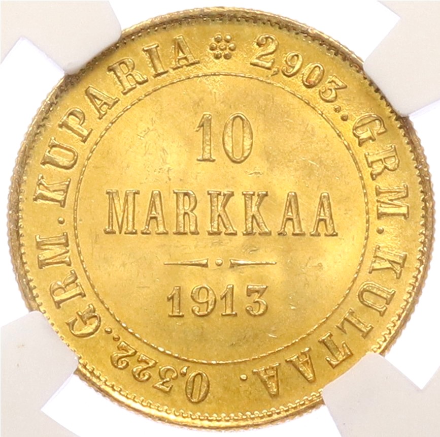 10 марок 1913 года Русская Финляндия — в слабе NGC (MS66) — Фото №1