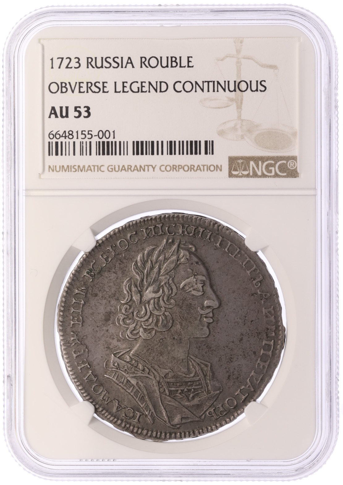 1 рубль 1723 года Российская Империя (Петр I) в слабе NGC (AU53) — Фото №3