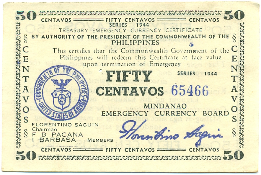 50 сентаво 1944 года Филиппины — провинция Минданао — Фото №1