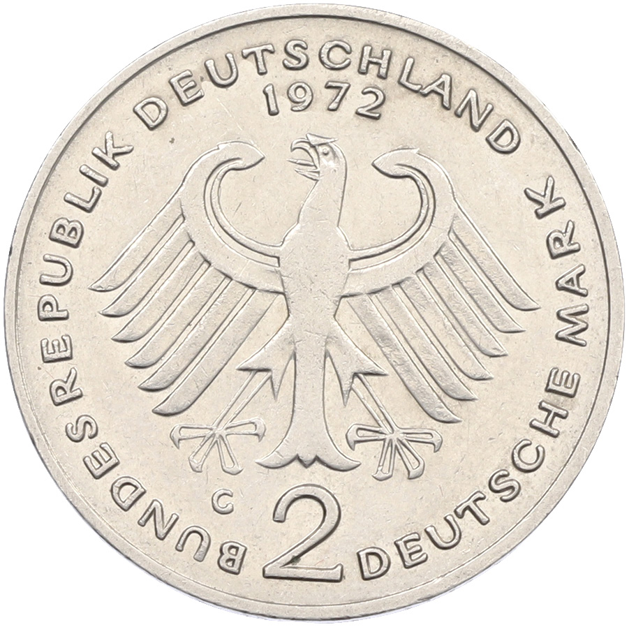 2 марки 1972 года G Западная Германия (ФРГ) «Конрад Аденауэр» — Фото №2