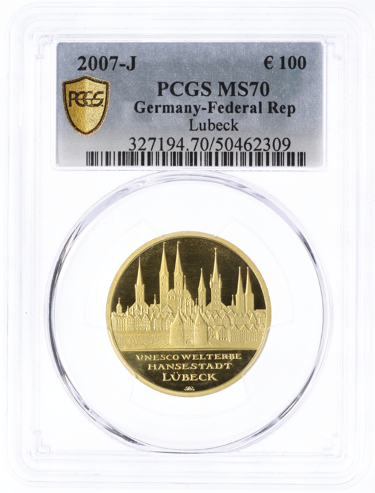 100 евро 2007 года J Германия «Мировое наследие ЮНЕСКО — Любек» в слабе PCGS (MS70) — Фото №3