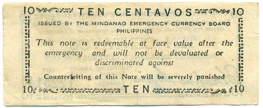 10 сентаво 1943 года Филиппины — провинция Минданао — Фото №2