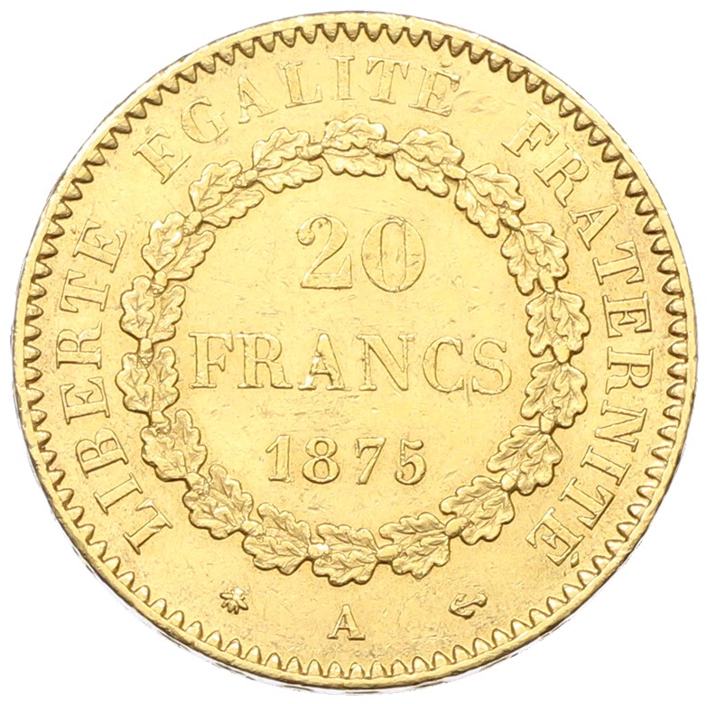 20 франков 1875 года А Франция — Фото №1