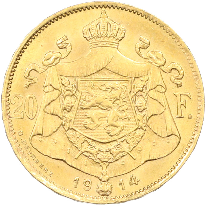 20 франков 1914 года Бельгия — легенда на французском (DES BELGES) — Фото №2