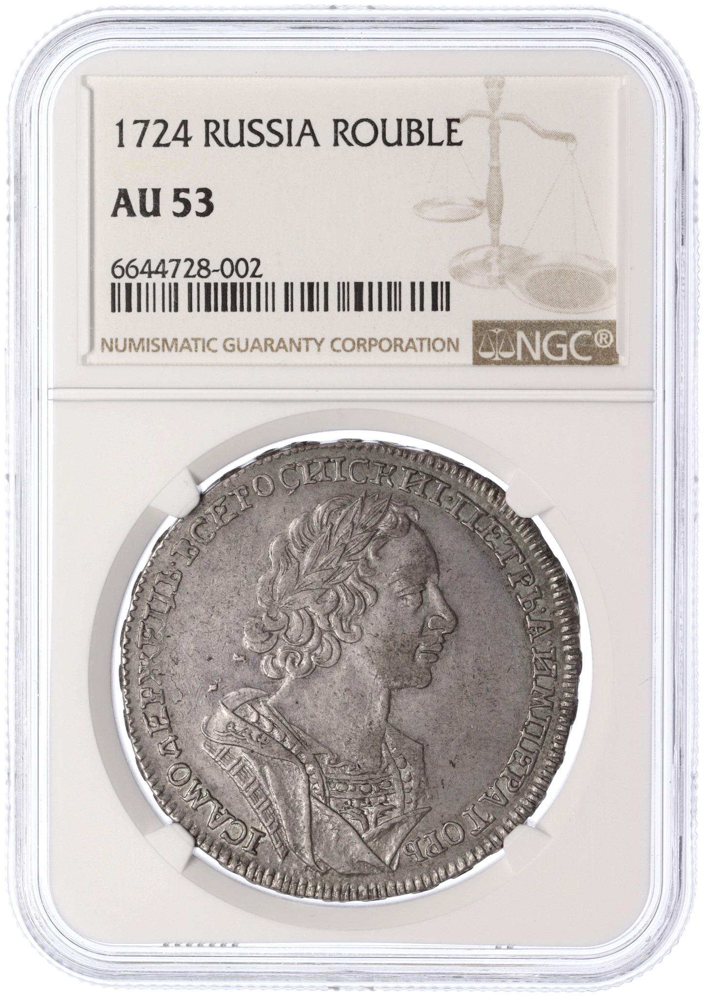 1 рубль 1724 года Российская Империя (Петр I) в слабе NGC (AU53) — Фото №3