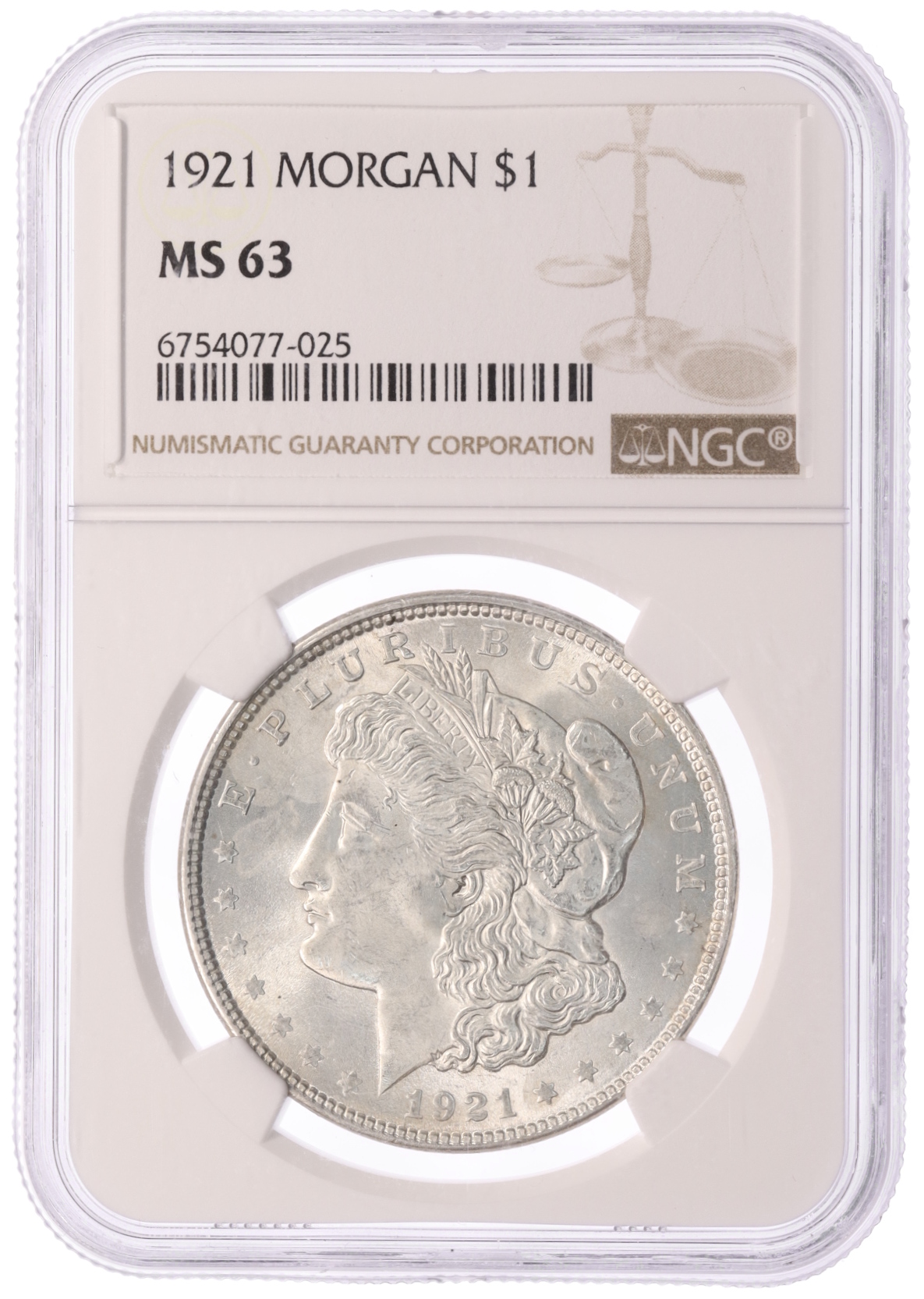1 доллар 1921 года США «Доллар Моргана» в слабе NGC (MS63) — Фото №3