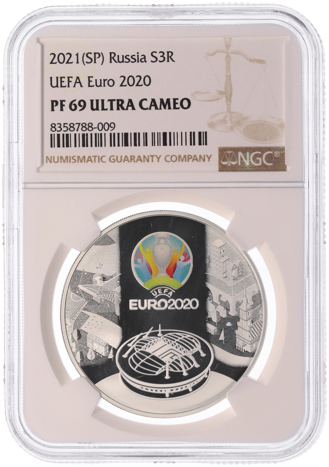 3 рубля 2021 года СПМД «Чемпионат Европы по футболу УЕФА 2020» в слабе NGC (PF69 ULTRA CAMEO) — Фото №3