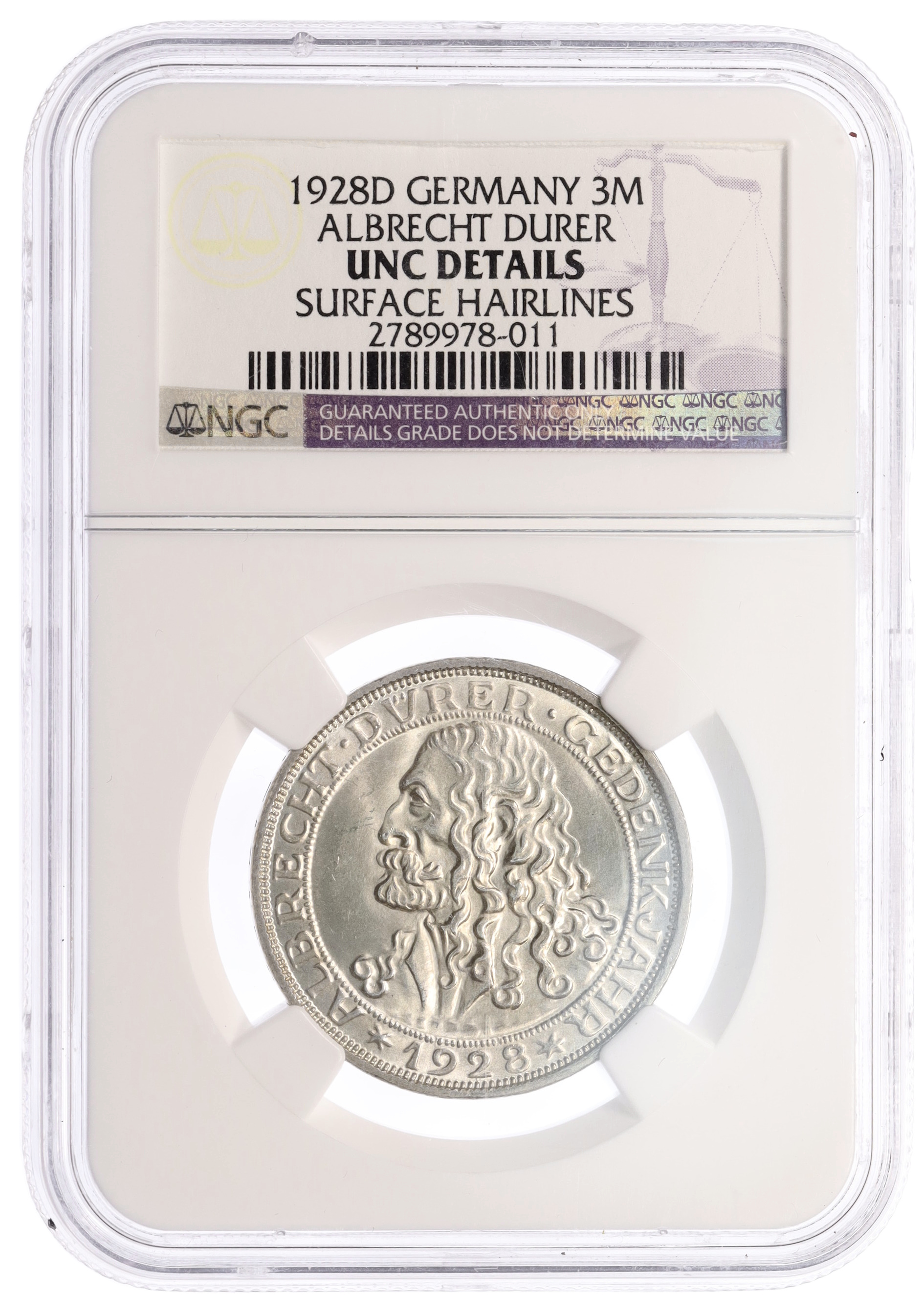 3 рейхсмарки 1928 года D Германия «400 лет со дня смерти Альбрехта Дюрера» в слабе NGC (UNC Details) — Фото №3